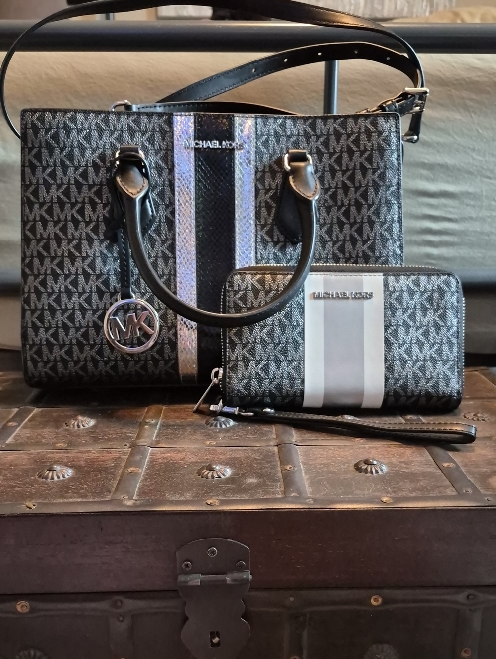 Michael Kors Black Silver Logo Stripe Satchel Crossbody Bag with Wallet Wristlet